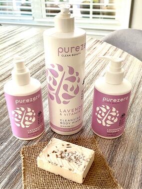 New PureZero Clean Beauty Lavender/Vit E Body Wash & Hand Soap+Goatmilk Bar Set